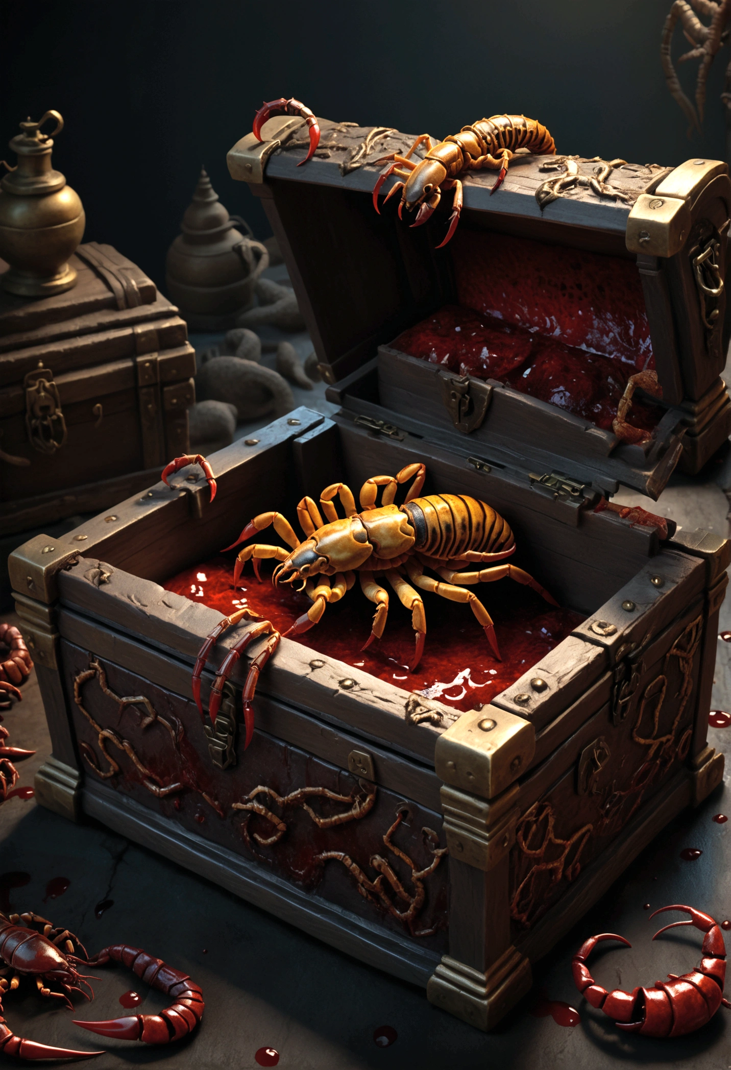 A highly detailed and realistic scorpion mimic treasure chest, covered in blood, returning to its favorite resting spot, intricate details, hyper-realistic, 8k, photorealistic, chiaroscuro lighting, dark moody colors, dramatic shadows, horror, fantasy, digital art
