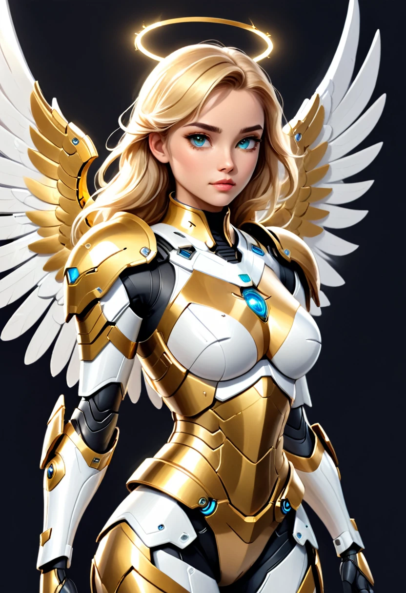 a woman in a white and gold outfit with wings on her chest, beautiful cyborg angel girl, angel knight girl, angel in plastic armor, futuristic robot angel, angelic golden armor, karol bak uhd, as a mystical valkyrie, artgerm julie bell beeple, artstation masterpiece, digital fantasy art ), 4k highly detailed digital art, mystical valkyrie