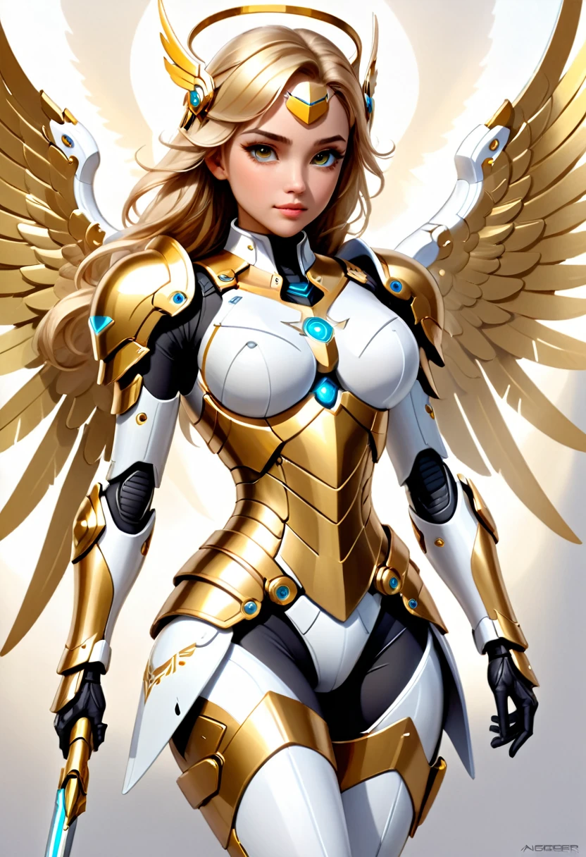a woman in a white and gold outfit with wings on her chest, beautiful cyborg angel girl, angel knight girl, angel in plastic armor, futuristic robot angel, angelic golden armor, karol bak uhd, as a mystical valkyrie, artgerm julie bell beeple, artstation masterpiece, digital fantasy art ), 4k highly detailed digital art, mystical valkyrie