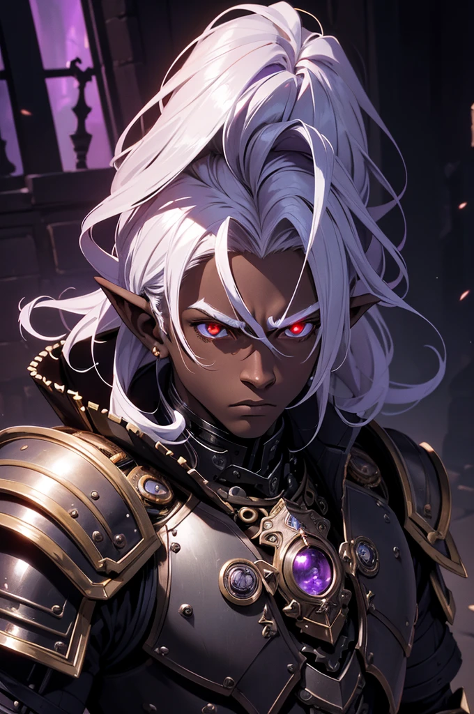 masterpiece, best quality, ultra high res, dark theme, 1boy, (dungeonpunk armor), (mechanical steampunk armor), (wearing armor)fantasy illustration, dark skinned, human, upper body, portrait, red eyes, long white hair, half-drow, pointy ears, serious face, young man, dramatic lighting, purple hue, art by Kinema Citrus
