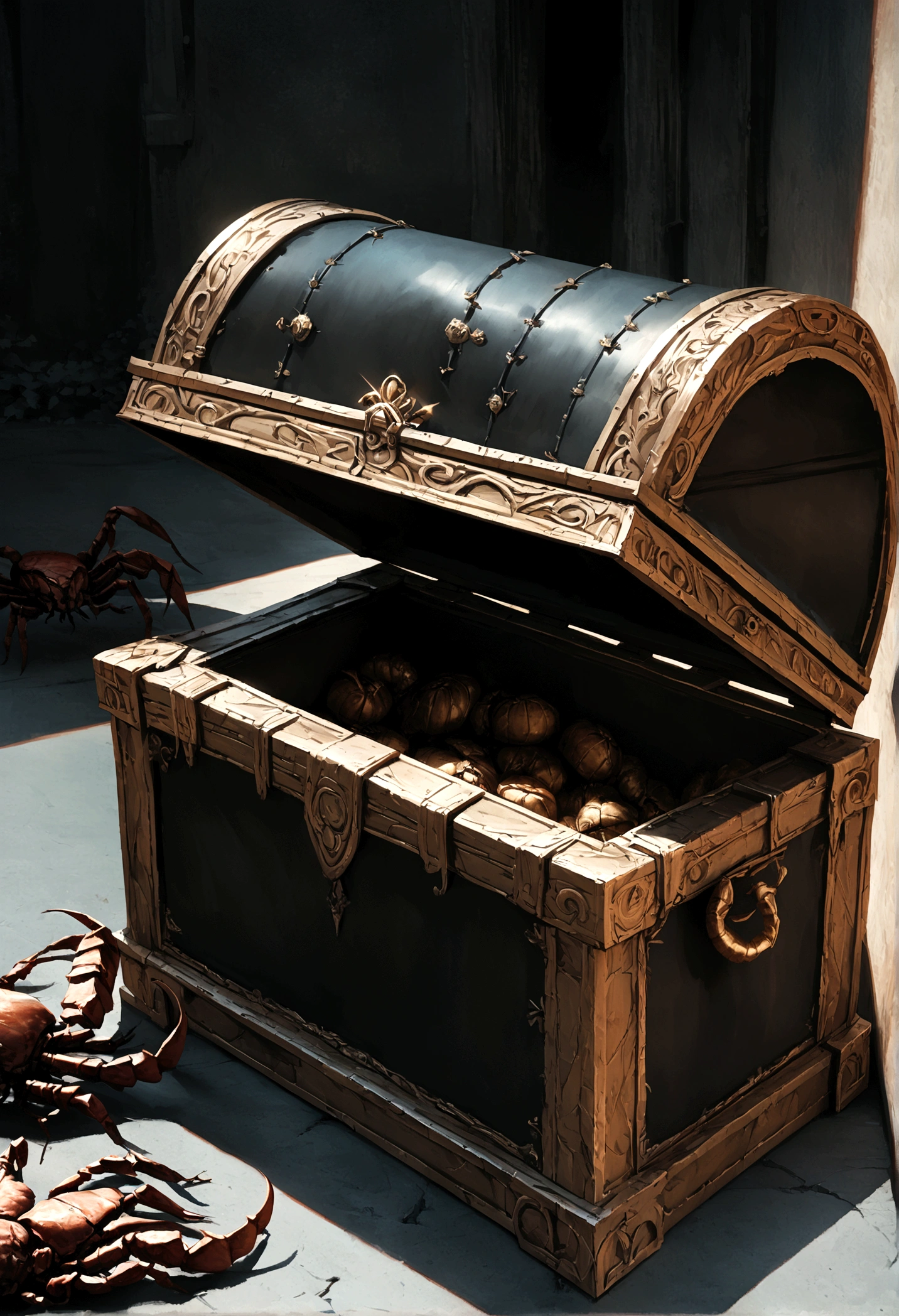 A highly detailed and realistic scorpion mimic treasure chest, covered in blood, returning to its favorite resting spot, intricate details, hyper-realistic, 8k, photorealistic, chiaroscuro lighting, dark moody colors, dramatic shadows, horror, fantasy, digital art