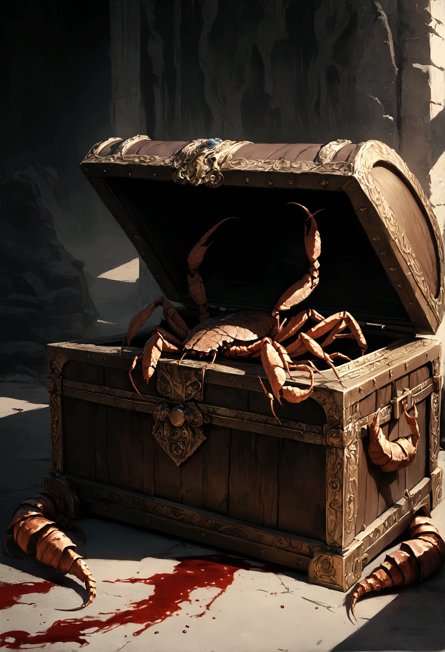 A highly detailed and realistic scorpion mimic treasure chest, covered in blood, returning to its favorite resting spot, intricate details, hyper-realistic, 8k, photorealistic, chiaroscuro lighting, dark moody colors, dramatic shadows, horror, fantasy, digital art