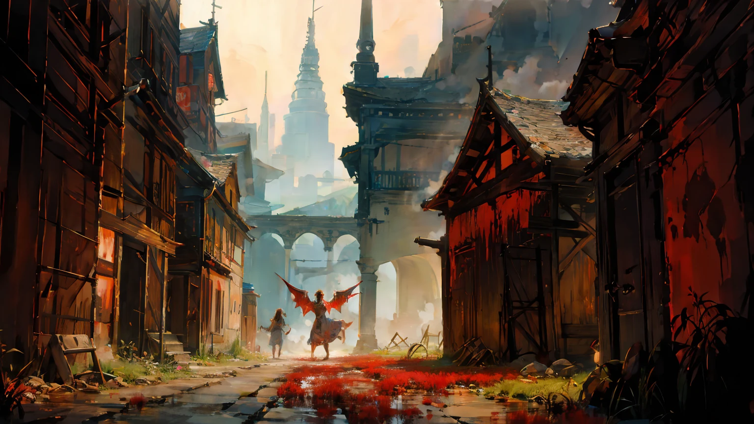 Blood dyed the land red,Buildings become residual value broken arms,The corpse on the ground was twisted and distorted,This is a place that has just been baptized by killing.,Weapons stuck in the soil,Still not as sharp as before,Angels fold their wings,Put your hands together,Singing the song that liberates the soul
