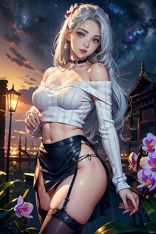 ((masterpiece:1.4)、(quality:1.4)、(Realistic:1.7))、Royo(Royo)Surreal portrait of a beautiful girl、Super Beauty、((One Girl:1.4))、Glowing, natural skin texture、author: Royo(Royo)、19 years old、(Two arms:1.4、Two legs:1.4)、(Perfect Anatomy:1.4)、(Perfect female body:1.4)、Portrait of a girl、Close-up photo body shot:1.4), (Highest quality:1.4), (Actual:1.7), Royo, Beautiful girls, Super Beauty, ((One Girl:1. 4), Glowing, natural skin texture, author: Royo, 19 years old, (Perfect female body: 1.4), (Perfect female body: 1.) 4), Portrait of a girl, Close-up body photography), Fantasy art, Soft Front Light, Beautiful expression, Cute face, beautiful, Big Full Breasted: 1. 2, Beautiful ass, Fine grain, Clear and eye-catching, beautifully, Cute eyes, Big breasts and small waist, RAW Photos, Red Lip, ((Gray Hair, Long white hair)) , 1 Screen display, ),((Off-the-shoulder hand-knitted sweater))、((Black tight skirt))、 (Sexy posture), (Milky Way in the sky),((T-back garters and garters))、(Laughter)、((Orchid))、((erection))