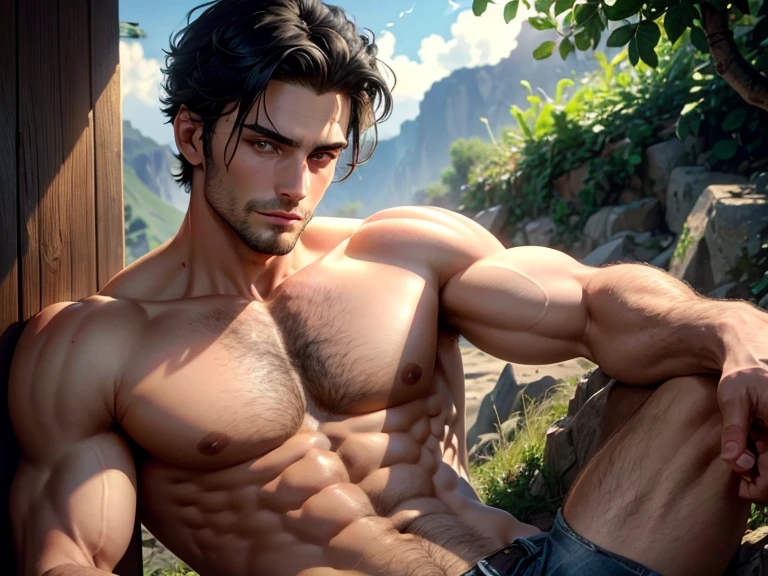 Close-up Quality (masterpiece1.2), (Best quality), (Intricate details)Male, 6'5, white, built, has big veiny hands. Tattoos that cover his neck, , arms, and back. has well-trimmed facial hair, tan from the sun, groomed body hair on his arms, and  leading to a happy trail, Black hair that is short at the sides, longer at the top, Well-kept, Handsome, thin lips, sharp, defined, square jaw. Dimples, slightly crooked nose. Green eyes with hints of gold in the center. long eyelashes. Wearing blue jeans, black button up, dog tags, black leather riding boots