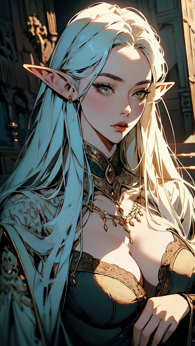 { -  error}(Masterpiece - Ultra-detailed, very high resolution) Prepare to be enchanted by a true masterpiece that combines ultra-detailed art with high-resolution rendering. . meman. This work depicts a mesmerizing adult elf with long white hair (1.3) and captivating yellow eyes (1.2), emanating an aura of elegance and mystery in medieval settings. The intricate details and realistic textures invite you to explore every aspect of this enchanting composition. Woman wearing elf costumes. Red lips. No . small . NO . pés no chão, corpo inteiro, pés amostra. Get ready to dive into a world where beauty and craftsmanship merge perfectly