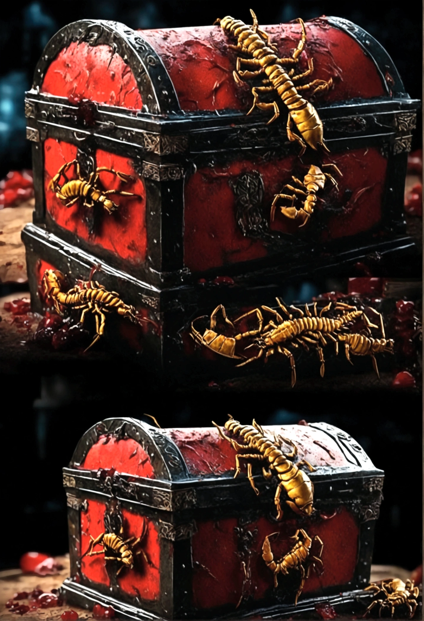 A highly detailed and realistic scorpion mimic treasure chest, covered in blood, returning to its favorite resting spot, intricate details, hyper-realistic, 8k, photorealistic, chiaroscuro lighting, dark moody colors, dramatic shadows, horror, fantasy, digital art
