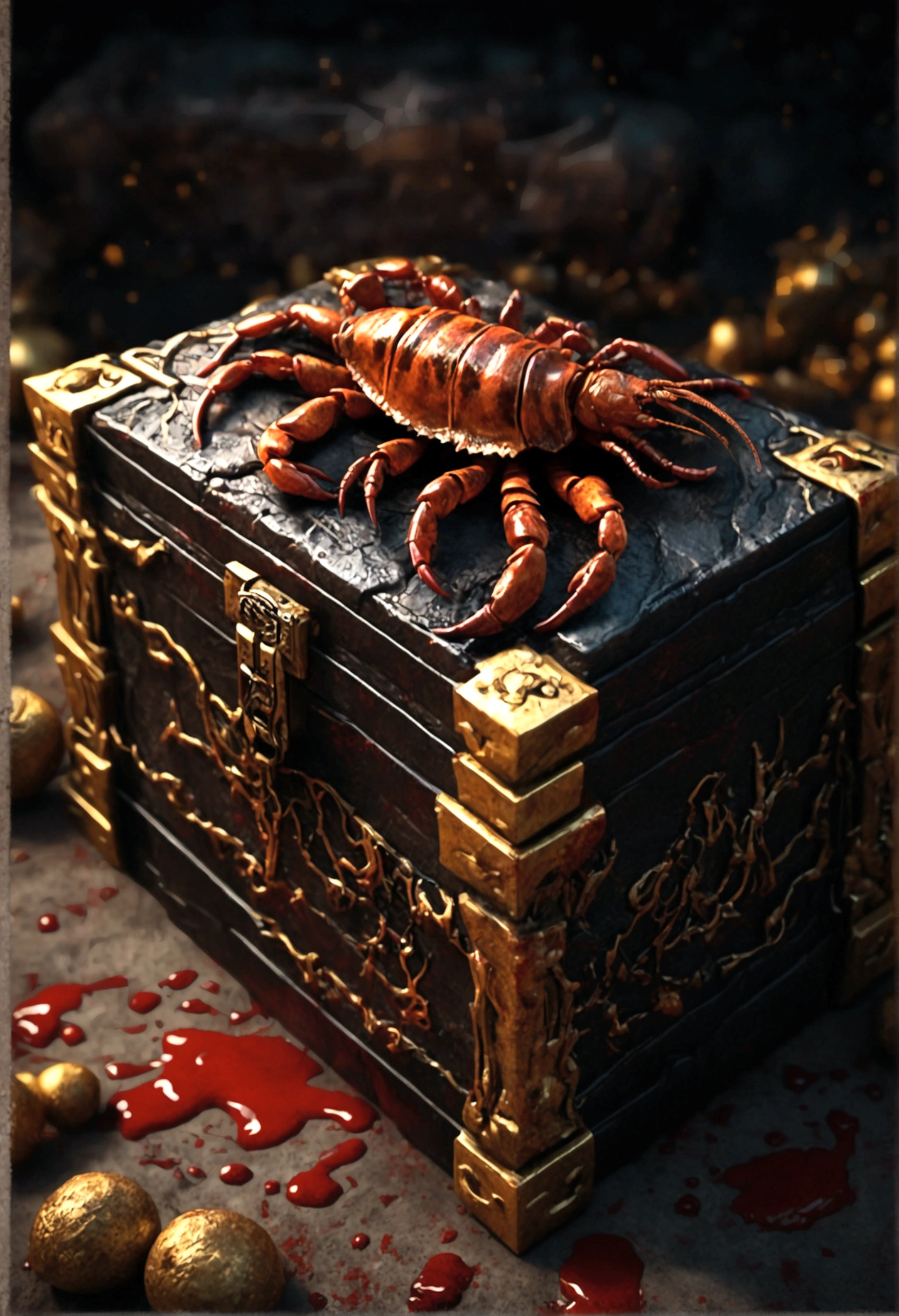 A highly detailed and realistic scorpion mimic treasure chest, covered in blood, returning to its favorite resting spot, intricate details, hyper-realistic, 8k, photorealistic, chiaroscuro lighting, dark moody colors, dramatic shadows, horror, fantasy, digital art