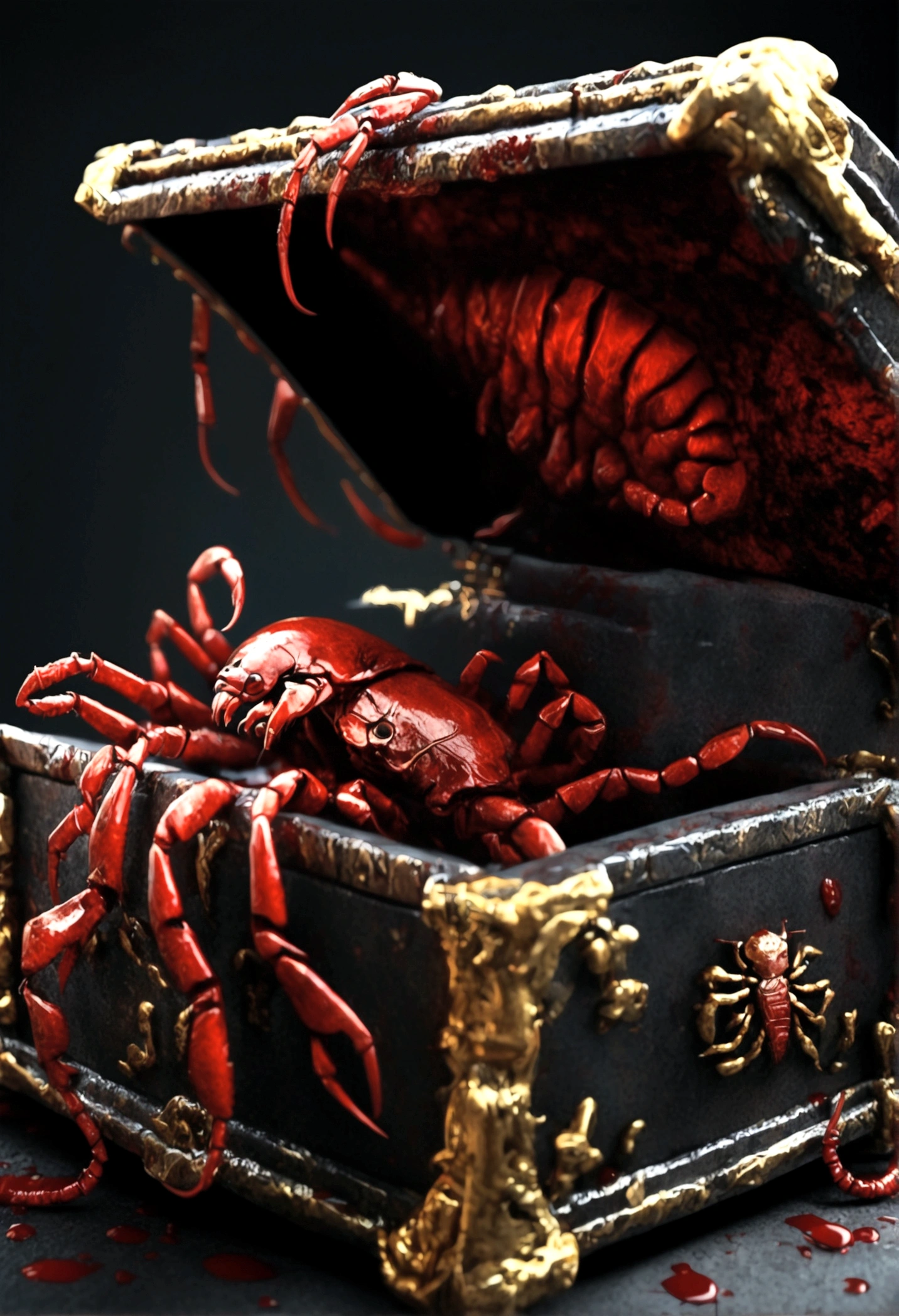 A highly detailed and realistic scorpion mimic treasure chest, covered in blood, returning to its favorite resting spot, intricate details, hyper-realistic, 8k, photorealistic, chiaroscuro lighting, dark moody colors, dramatic shadows, horror, fantasy, digital art
