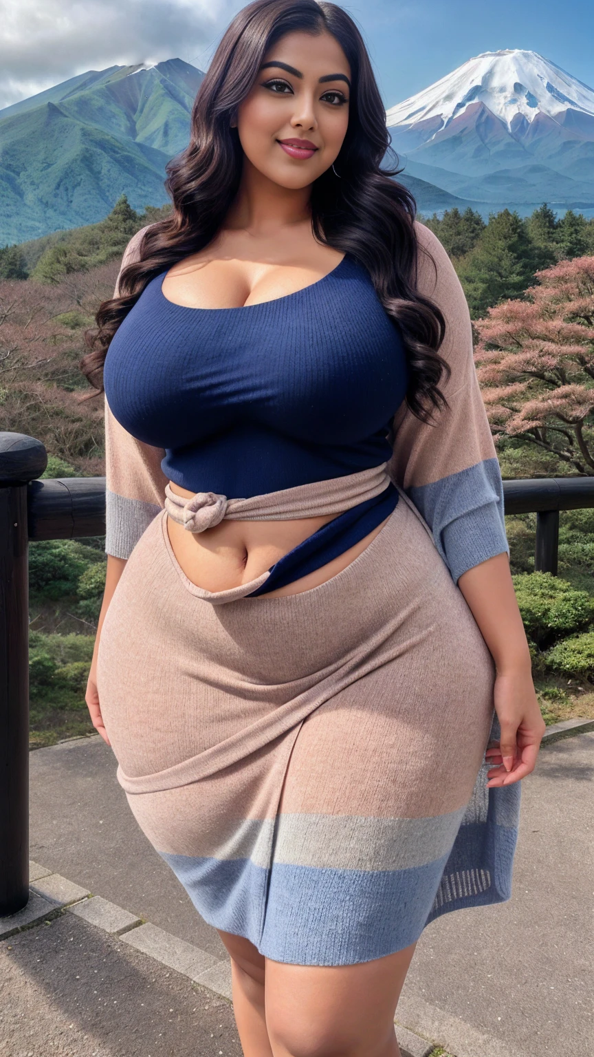 Indian gorgeous curvy plus size actress madhubala, glowing eyes, wearing Knit Mix Color Block Round Neck Hollow Out Knitted Long Cover Up
Color: Blue , covered Bust, parted lips, thick thighs, bigger waist, busty, curvy plus size body, full body, full body shot, head to toe view, hourglass body, curvy plus size body, smile face, bigger waist, busty, big hips, fleshy thighs, thick thighs, busty, full body view, Mount Fuji, Japan: Snow-capped peak with picturesque surrounding landscapes.