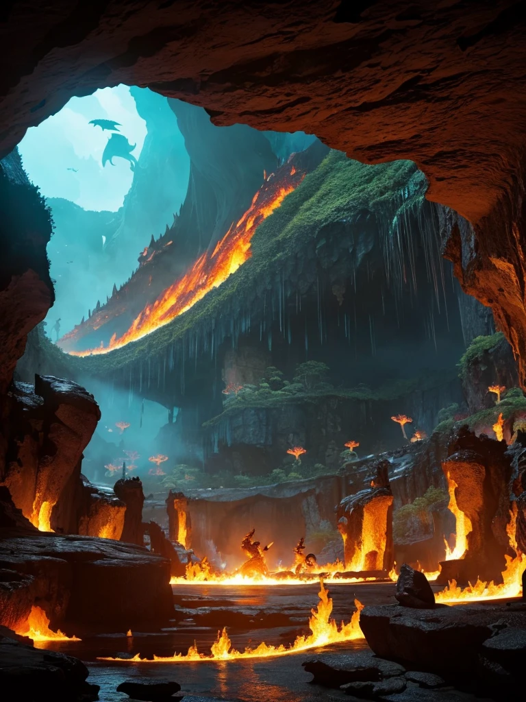 • A vast cave filled with jewels and gold where a gigantic dragon sleeps, with mysterious light filtering in.
• A cave lined with burning lava and sharp rocks, with fearsome dragons flying overhead.