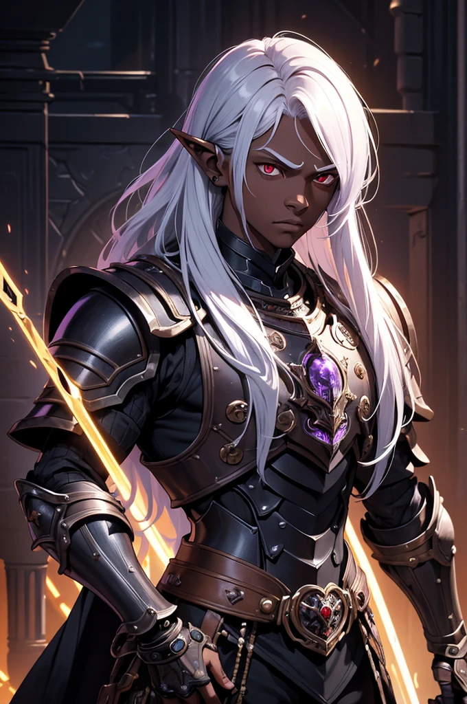 masterpiece, best quality, ultra high res, dark theme, 1boy, (dark dungeonpunk armor), (mechanical steampunk armor), (wearing armor)fantasy illustration, dark skinned, human, upper body, portrait, red eyes, long white hair, half-drow, pointy ears, serious face, young man, dramatic lighting, purple hue, art by Kinema Citrus