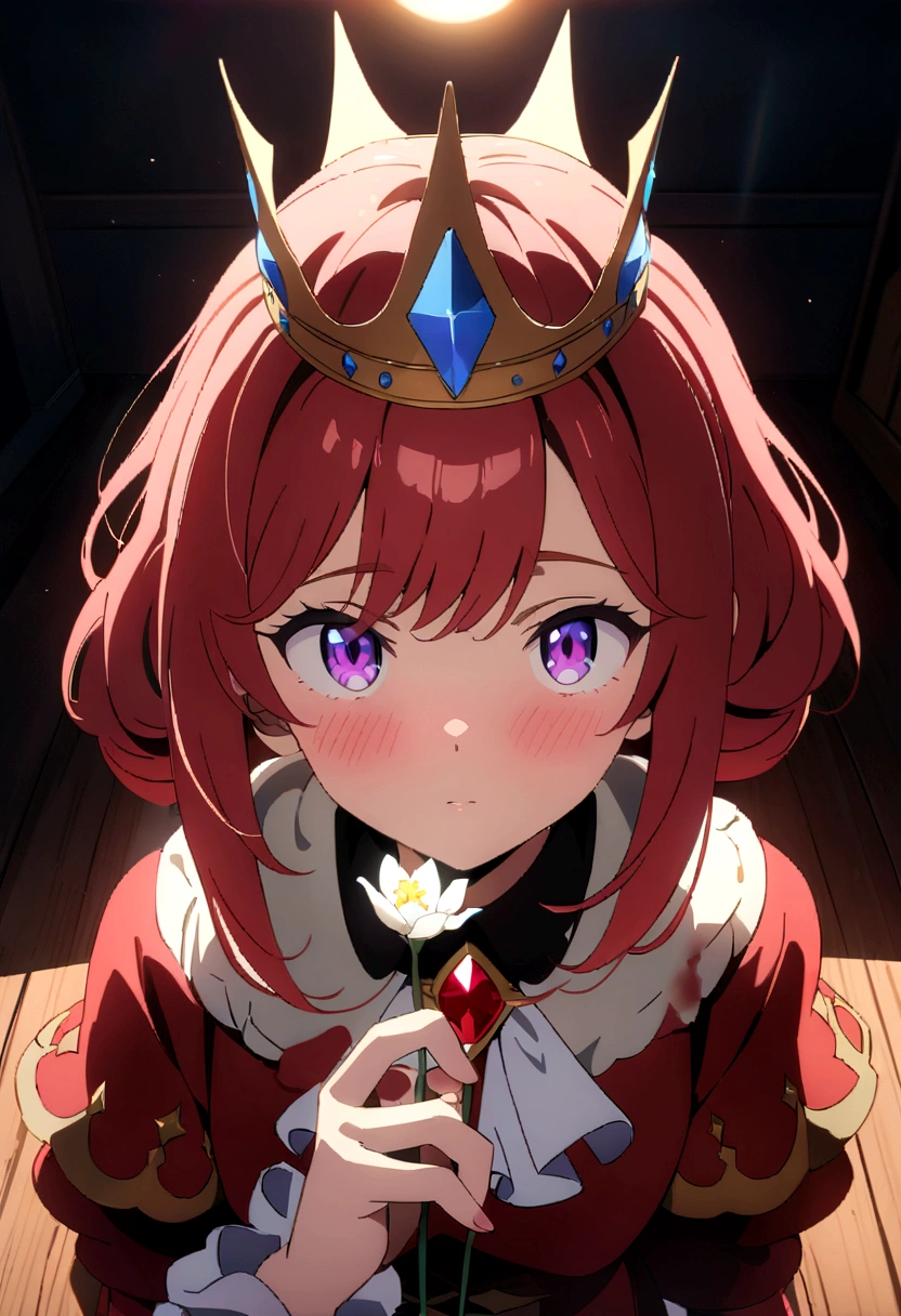 Princesa das trevas com os olhos de sangue, red hair, crown, blushing while looking at the viewer, holding a flower to the viewer, anime style, lens flare, high detail, first-person view, cinematic lighting, masterpiece, super detail, best quality, 8k, UHD