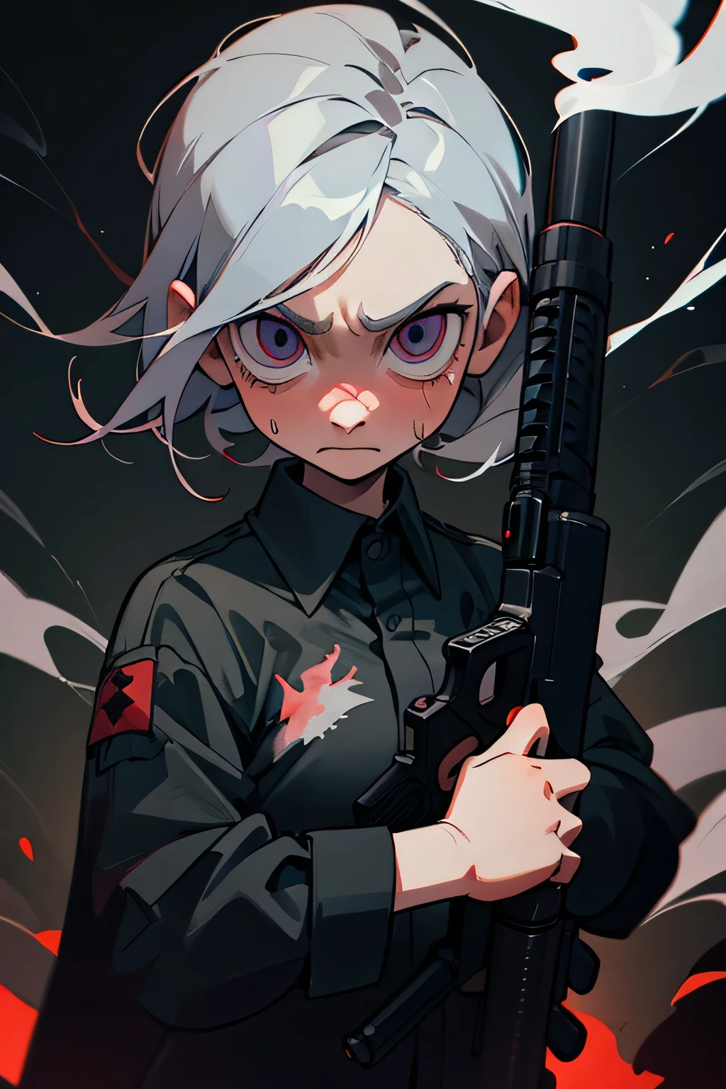 High quality, 4k, hd, grey hair, female,1 girl, holding a gun, demonic eyes, raged shirt, masterpiece, dark background, dark forest background, faint smoke in eyes, looking at viewers