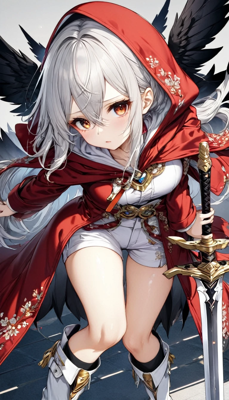Highest quality, Super quality, 16K, Incredibly absurd, Very detailed, Silver Hair,delicate and dynamic, A cool beauty and a cute female swordsman,Body Inspection 50cmAbout, Big Holy Sword, A long red coat with a gold embroidered hood,, White trousers, Knee-high boots, Disheveled silver hair and hair between the eyes, Glowing aura image effect,Delicate eyes,Large black wings on its back