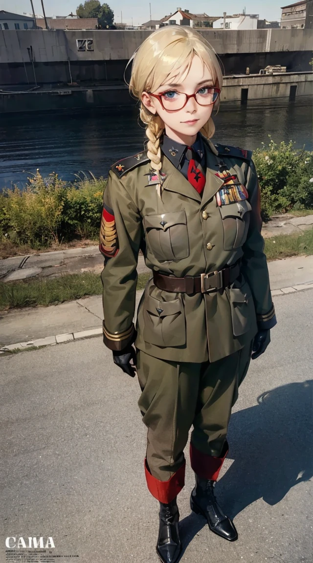 canadian girl standing in grass fields,
<lora:marching uniform_XL_V1.0:0.5> jyojifuku, marching, hat, boots, black uniform, gloves, epaulettes