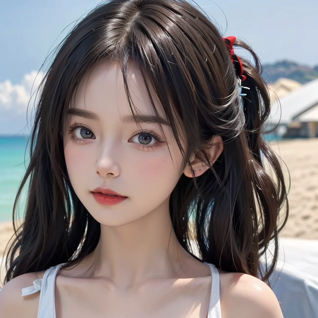 One Girl,(1人のとてもcute女の子:1.3),masterpiece,Highest quality,High resolution,Photorealistic,RAW Photos,Ray Tracing,beautiful girl,(:1.3),cute,Big eyes,(detailed pupils:1.2),(The face is facing straight ahead:1.3),Body facing forward,Beautiful nose,Fuller lips,Short black hair,ponytail,short hair,Detailed eyelashes,Thin eyebrows,Very fine grain definition,(Symmetrical eyes:1.3),(Face close-up,Face Focus:1.0),Small breasts,Short neck,White swimsuit,White Bikini,The background is the sea,Southern Island,Blue sky,White cloud,Portrait,View Viewer,Upper Body,Cinema Lighting,High resolution,Very detailed