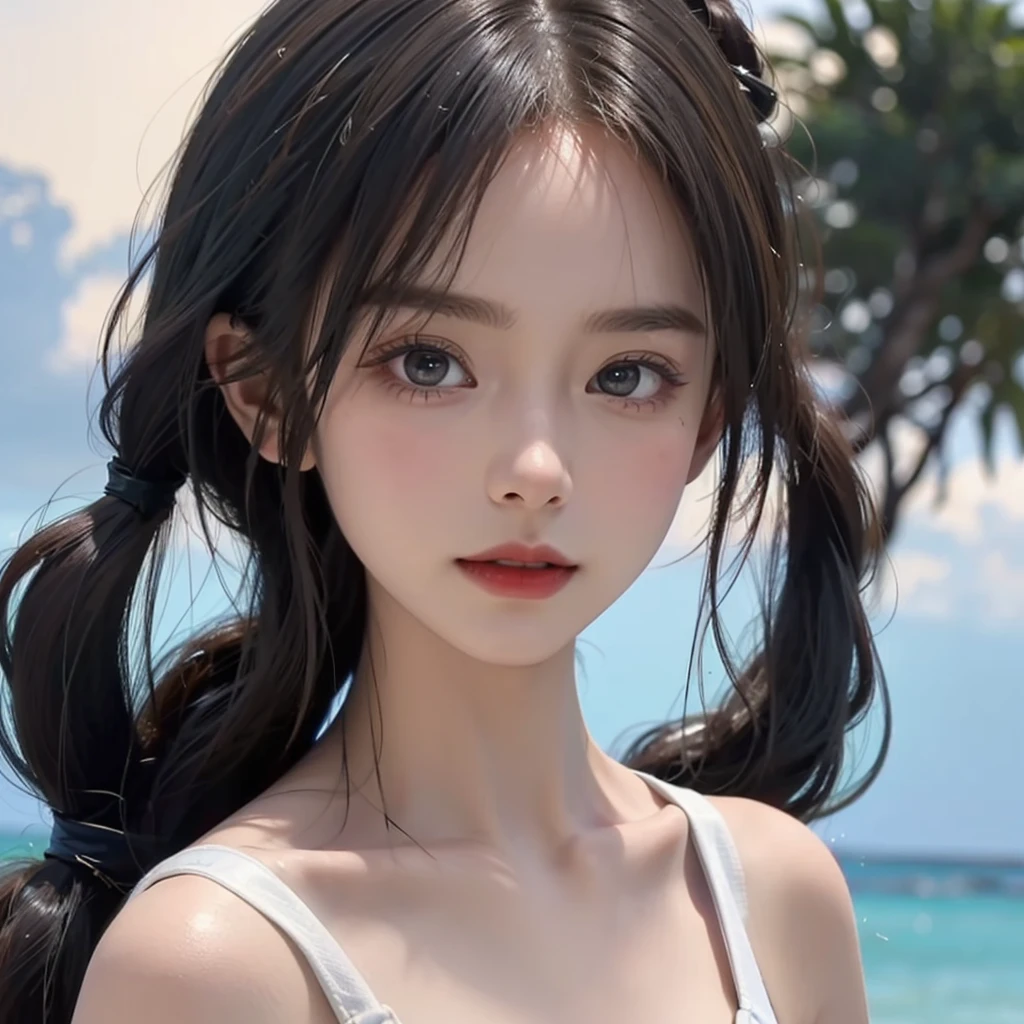 One Girl，(1人のとてもcute女の子:1.3)，masterpiece，Highest quality，High resolution，Photorealistic，RAW Photos，Ray Tracing，beautiful girl，(15 years old:1.3)，cute，Big eyes，(detailed pupils:1.2)，(The face is facing straight ahead:1.3)，Body facing forward，Beautiful nose，Fuller lips，Short black hair，ponytail，short hair，Detailed eyelashes，Thin eyebrows，Very fine grain definition，(Symmetrical eyes:1.3)，(Face close-up，Face Focus:1.0)，Small breasts，Short neck，White swimsuit，White Bikini，The background is the sea，Southern Island，Blue sky，White cloud，Portrait，View Viewer，Upper Body，Cinema Lighting，High resolution，Very detailed