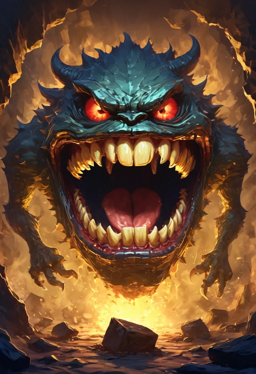 There is a box monster with a big open mouth, Concept art by Adam Marczyński, Number of polygons, The Art of Self-Destruction, imitate, Fangs, Detailed mouth, Detailed hot belly, Very detailed back of mouth, Open your mouth wide, Open metal mouth, large sharp fangs, imitate. Random location content, The mouth is small, monster teeth