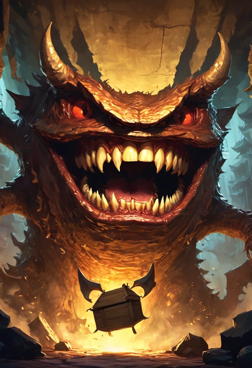 There is a box monster with a big open mouth, Concept art by Adam Marczyński, Number of polygons, The Art of Self-Destruction, imitate, Fangs, Detailed mouth, Detailed hot belly, Very detailed back of mouth, Open your mouth wide, Open metal mouth, large sharp fangs, imitate. Random location content, The mouth is small, monster teeth