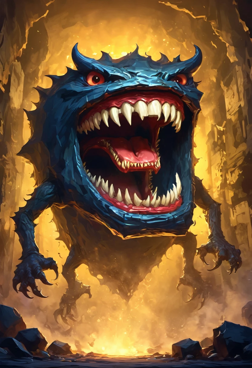 There is a box monster with a big open mouth, Concept art by Adam Marczyński, Number of polygons, The Art of Self-Destruction, imitate, Fangs, Detailed mouth, Detailed hot belly, Very detailed back of mouth, Open your mouth wide, Open metal mouth, large sharp fangs, imitate. Random location content, The mouth is small, monster teeth