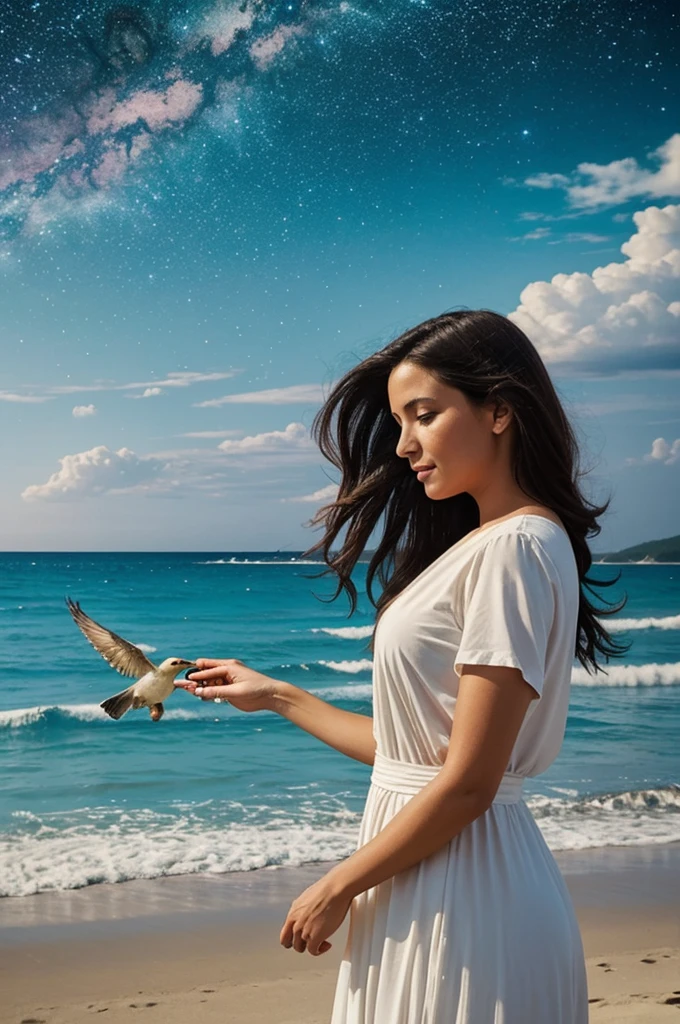I want to paint a woman who is releasing a bird free from her hands with a beach in the background and for the sky to be nocturnal and full of galaxies. How would you paint this in oil? I want the woman to be in the foreground, to look close and detailed. and that the background is beautiful