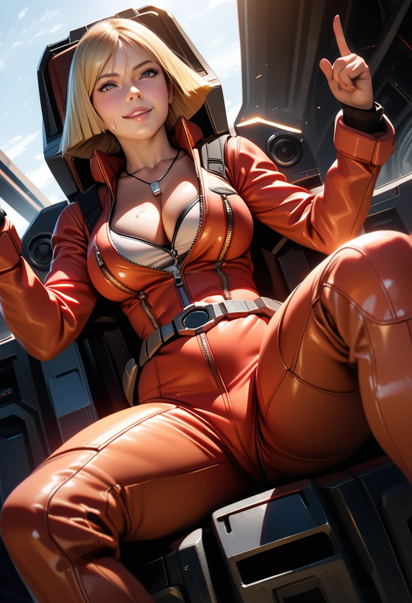 Sayla Mass, female,perfect hands, perfect finger,perfect anatomy, masterpiece, best quality,realistic, hyperrealistic, 16k hdr, eff pilot,pink flight suit,gundamgcockpit,large breasts,fow,sitting,spread legs,smilir,bobcut,open zipper,navel,cleavage,necklace,sweat