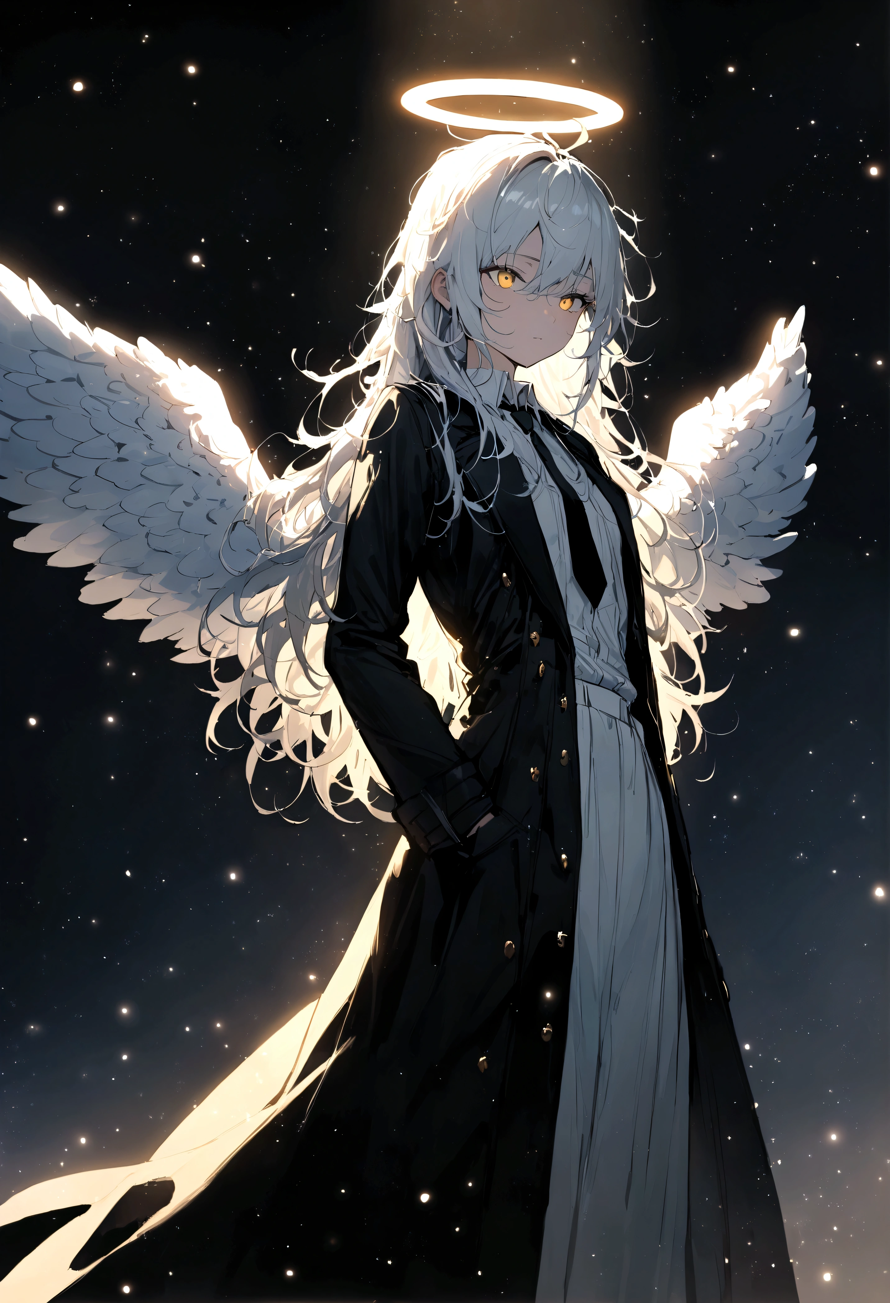 (masterpiece, best quality:1.3), (Extremely detailed:1.3), 1 Girl, Solitary, (White hair, Messy hair, Long hair), (Angel Wings, Angel Halo), flat chest, Yellow eyes, (White shirt, Black tie, Black coat, Open coat), Cowboy shooting, light, (((Glowing light particles))), (Put your hands behind your back), Dynamic Angle,
