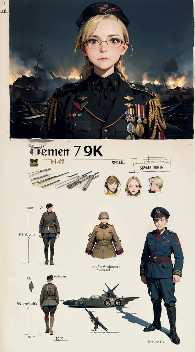 (by Greg Rutkowski: 1.2), (concept art:1.5), (masterpiece), ((best quality)), extremely delicate and beautiful, illustration, (character sheet: 1.5), {fantasy creature}, 8K post-production, high resolution, ((highly detailed)), HDR, intricate,  miling minchen, aburdes, (mouth:1.16) closed, balanced eyes, (Best quality details:1.2),realistic,8K High definition,Ultra Detailed,High quality texture,intricate details,detailed texture, finely detailed, high detail, extremely detailed high quality texture cg, high quality shadows, ((masterpiece, best quality)), illustrations, ultra-detailed 8K, realistic, clear focus, highly detailed, professional lighting, colorful details, iridescent colors BREAK factory super long lens, large mechanical robot structure, microchips, computers, luminescence, intricate details, Shitu-Mecha, 1girl standing in front of the audience, navel   (extremely detailed CG unity 8k wallpaper), (masterpiece), (best quality), (ultra-detailed), (best illustration), (best shadow), (absurdres), (extremely detailed CG unity 8k wallpaper), BREAK girl, sweat, steam, medium breast, nsfw, shy, light smile 　　 modest, remote shooting, detailed beautiful delicate face, Detailed beautiful delicate eyes, perfect facial proportions, High definition skin, thin skin, best four inch aspect ratio. With a thumb, a masterpiece, highy detailed, Realistic, (German World War II general uniform reference : 1.8), the highest facial resolution, , mulher modestmente vestida, fully dressed, ( mic, blackquality hair, black bangs straight, super thin braids, bangs straight, Red glasses, dark green eye, science fiction, Fighter aircraft, standing On the landing of a Fighter aircraft, the agency, a deeply intelligent personality, A calm expression, a respectful face, a war, a Fighter aircraft