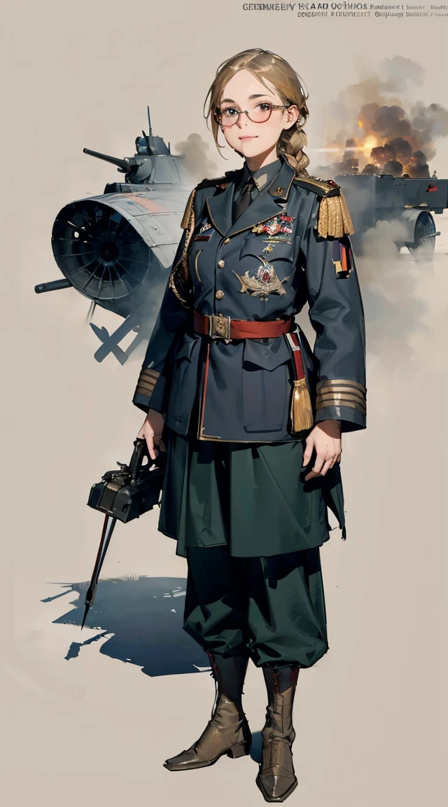 (double braids and bangs: 1.8), (most realistic facial details, referring to the WWI Russian Army Commander's uniform: 1.5), a 28-year-old woman with big breasts and black eyes. Dark, dark black hair, thick red glasses, dressed modestly. as the supreme commander stood In the middle of the runway and watching the plane take off, masterpiece, realistic, sci-fi science fiction, beautiful eyes, realistic sci-fi movie, (remote camera), CG face decoration, realistic