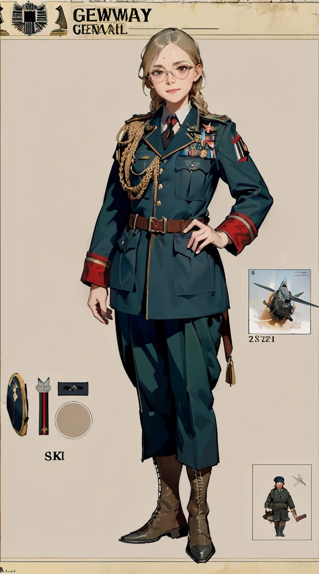 (by Greg Rutkowski: 1.2), (concept art:1.5), (masterpiece), ((best quality)), extremely delicate and beautiful, illustration, (character sheet: 1.5), {fantasy creature}, 8K post-production, high resolution, ((highly detailed)), HDR, intricate, miling minchen, aburdes, (mouth:1.16) closed, balanced eyes, (Best quality details:1.2),realistic,8K High definition,Ultra Detailed,High quality texture,intricate details,detailed texture, finely detailed, high detail, extremely detailed high quality texture cg, high quality shadows, ((masterpiece, best quality)), illustrations, ultra-detailed 8K, realistic, clear focus, highly detailed, professional lighting, colorful details, iridescent colors BREAK factory super long lens, large mechanical robot structure, microchips, computers, luminescence, intricate details, Shitu-Mecha, 1girl standing in front of the audience, navel (extremely detailed CG unity 8k wallpaper), (masterpiece), (best quality), (ultra-detailed), (best illustration), (best shadow), (absurdres), (extremely detailed CG unity 8k wallpaper), BREAK girl, sweat, steam, medium breast, nsfw, shy, light smile modest, remote shooting, detailed beautiful delicate face, Detailed beautiful delicate eyes, perfect facial proportions, High definition skin, thin skin, best four inch aspect ratio. With a thumb, a masterpiece, highy detailed, Realistic, (German World War II general uniform reference : 1.8), the highest facial resolution, , mulher modestmente vestida, fully dressed, ( mic, blackquality hair, black bangs straight, super thin braids, bangs straight, Red glasses, dark green eye, science fiction, Fighter aircraft, standing On the landing of a Fighter aircraft, the agency, a deeply intelligent personality, A calm expression, a respectful face, a war, a Fighter aircraft