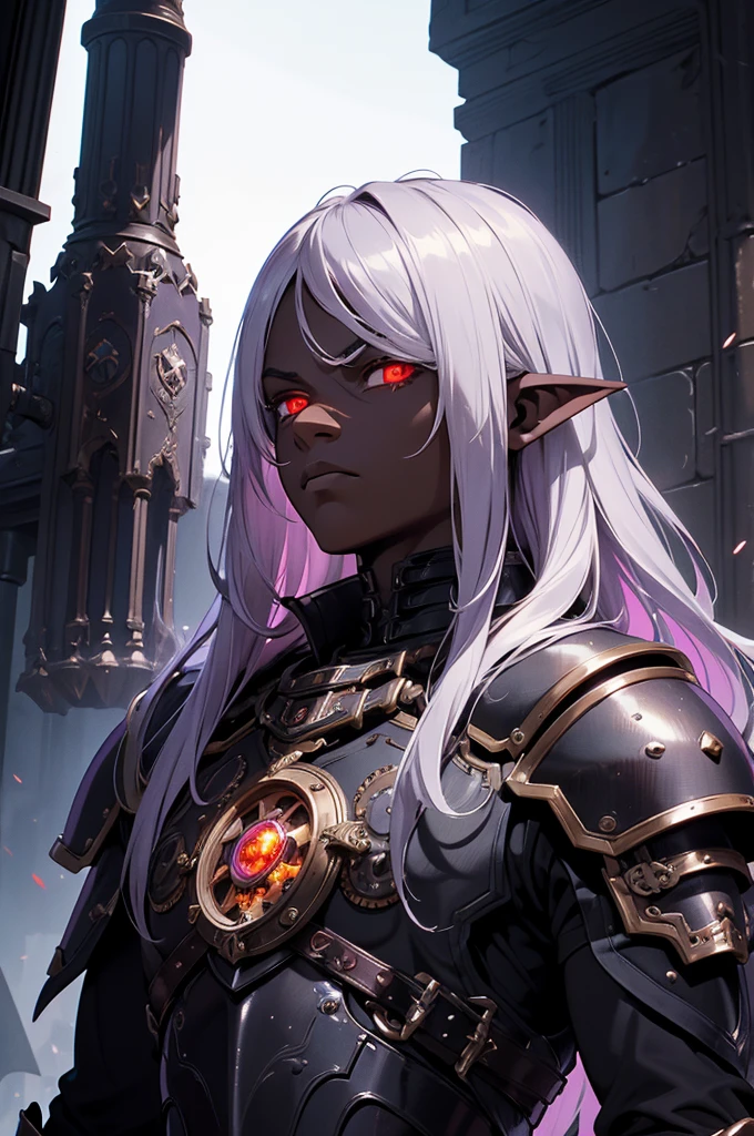masterpiece, best quality, ultra high res, dark theme, 1boy, (dark dungeonpunk armor), (mechanical steampunk armor), (wearing armor)fantasy illustration, dark skinned, human, upper body, portrait, red eyes, long white hair, half-drow, pointy ears, serious face, young man, dramatic lighting, purple hue, art by Kinema Citrus