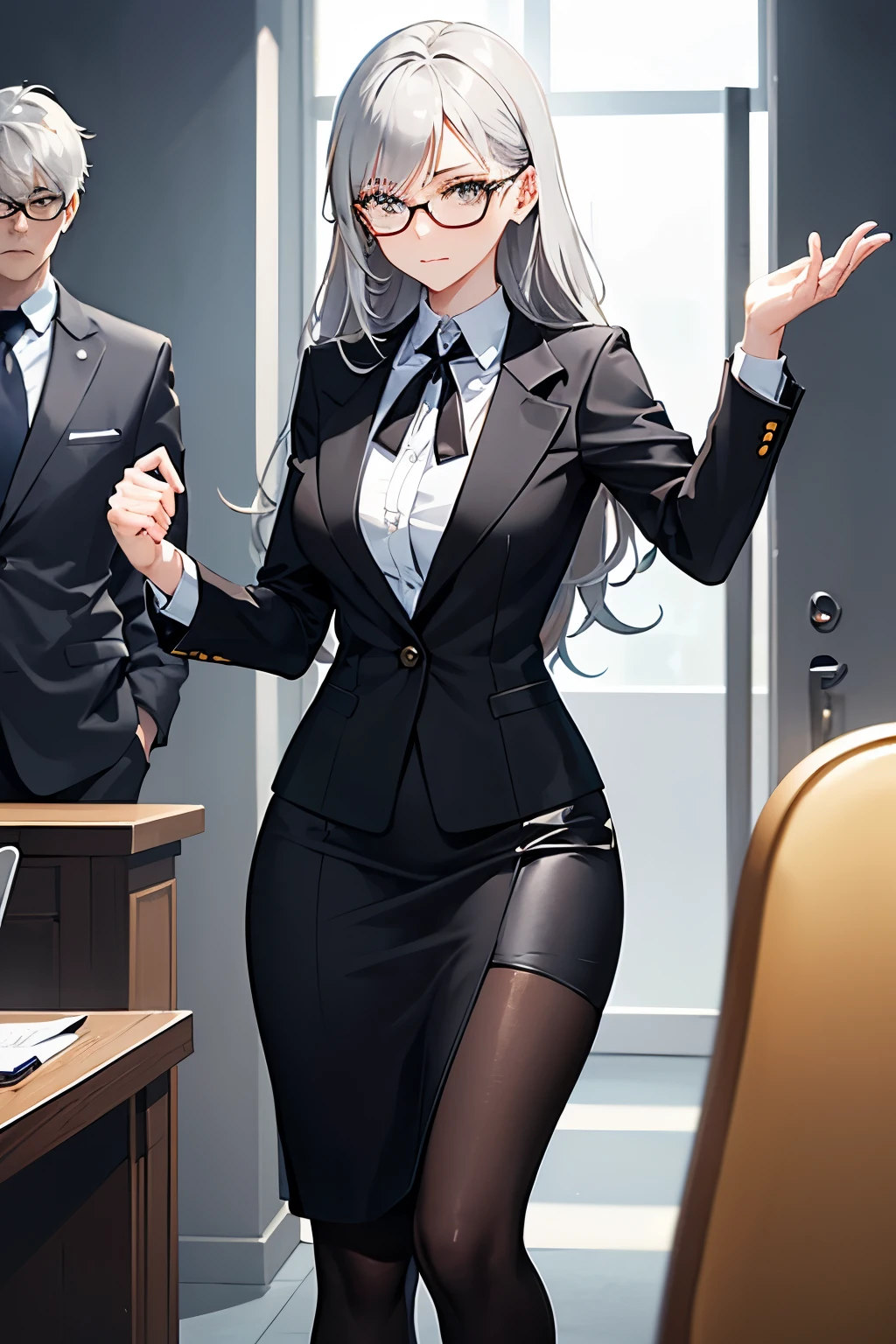 Age: 22
: human - Female 
Look: an above average looking face. 
Body: 6 football and an athletic build.
Eyes color: gold.
Hair color: silver.
Description: a Office Lady with glasses and black office outfit. Always with a resting  face no matter, even though she can be quite cheerful and kind at times. 