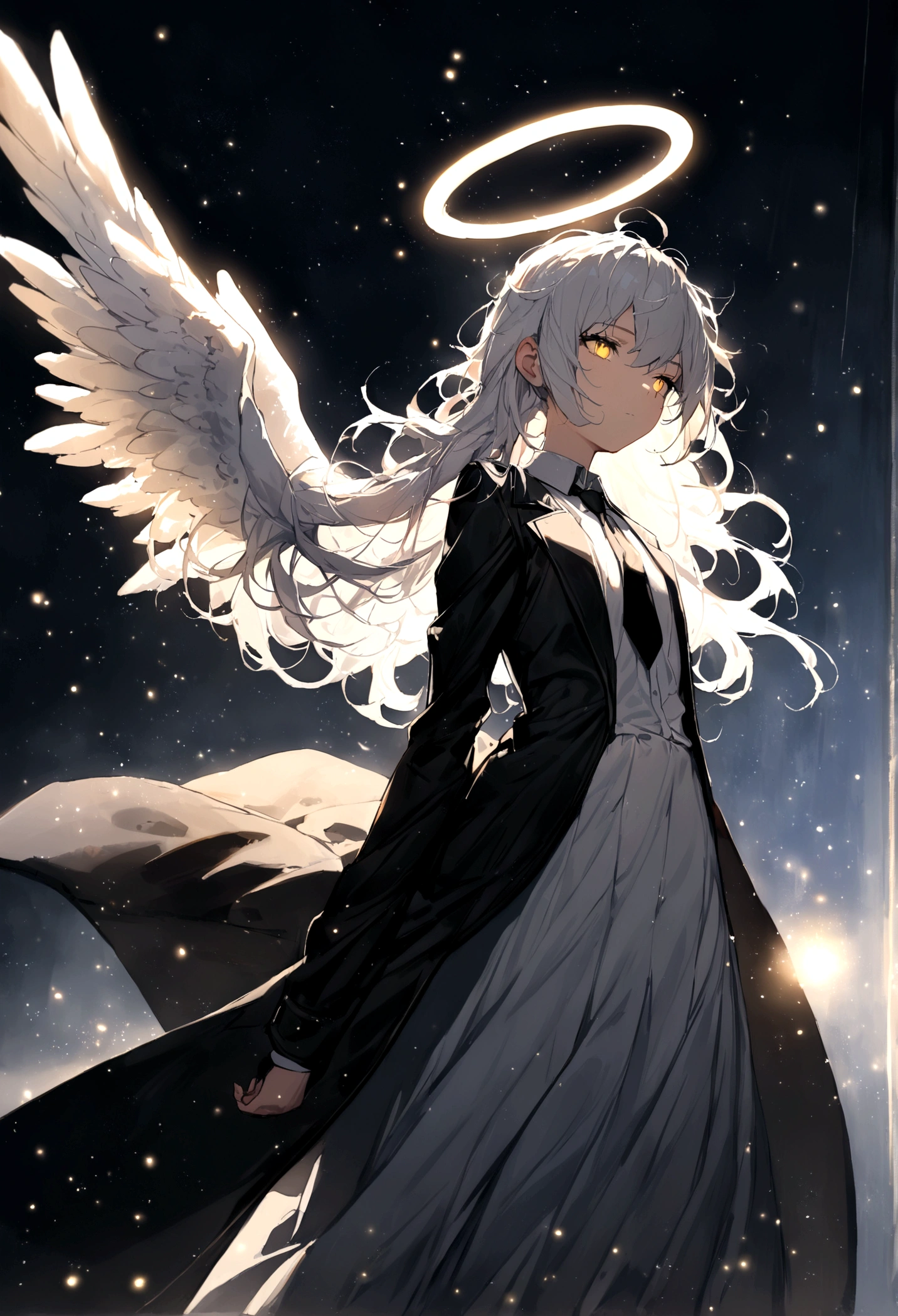 (masterpiece, best quality:1.3), (Extremely detailed:1.3), 1 Girl, Solitary, (White hair, Messy hair, Long hair), (Angel Wings, Angel Halo), flat chest, Yellow eyes, (White shirt, Black tie, Black coat, Open coat), Cowboy shooting, light, (((Glowing light particles))), (Put your hands behind your back), Dynamic Angle,