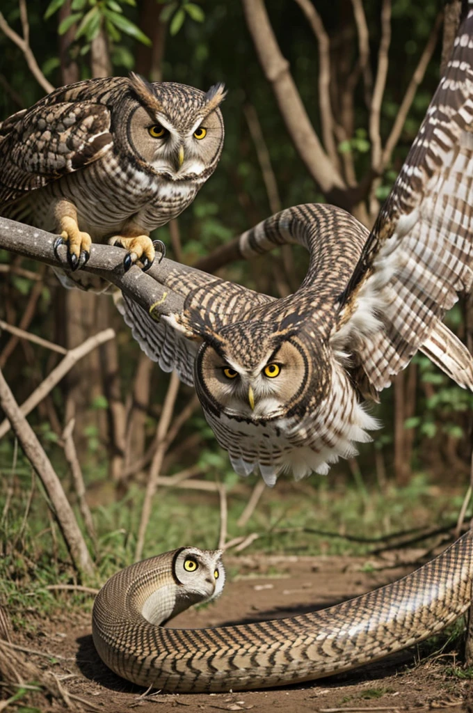 An owl hunting a snake