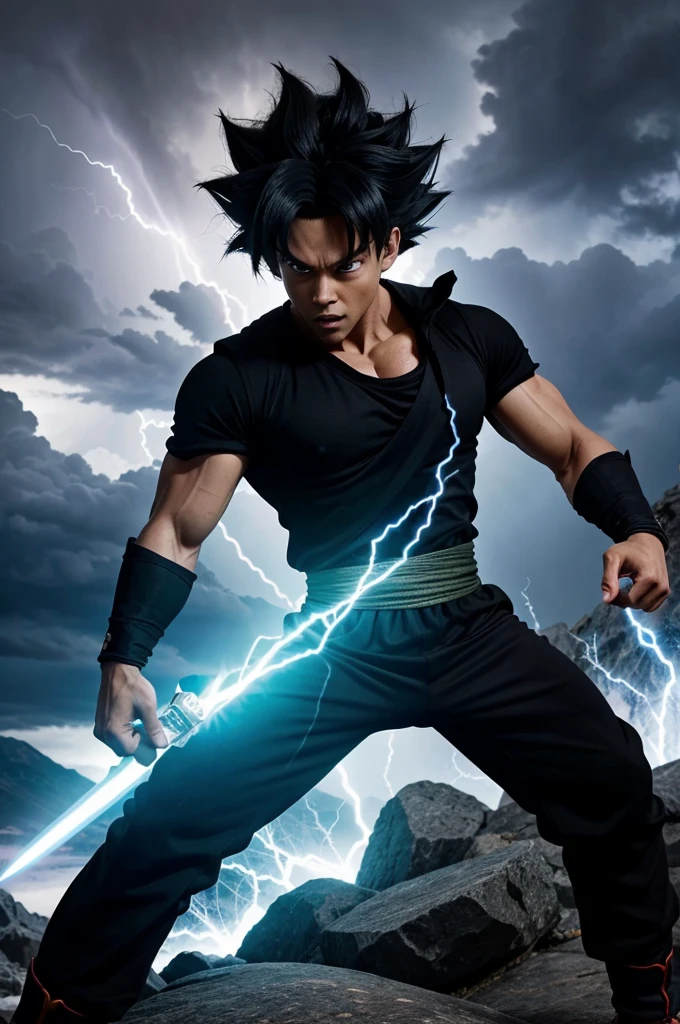 Create a high-definition 4K AI image of Goku Black from Dragon Ball Super. He should be in a dynamic action pose, wielding his energy sword with a fierce expression on his face. The background should be a dramatic, stormy sky with lightning, highlighting the intense atmosphere of the scene. Ensure Goku Black's iconic outfit and hairstyle are accurately depicted, with vibrant colors and intricate details.