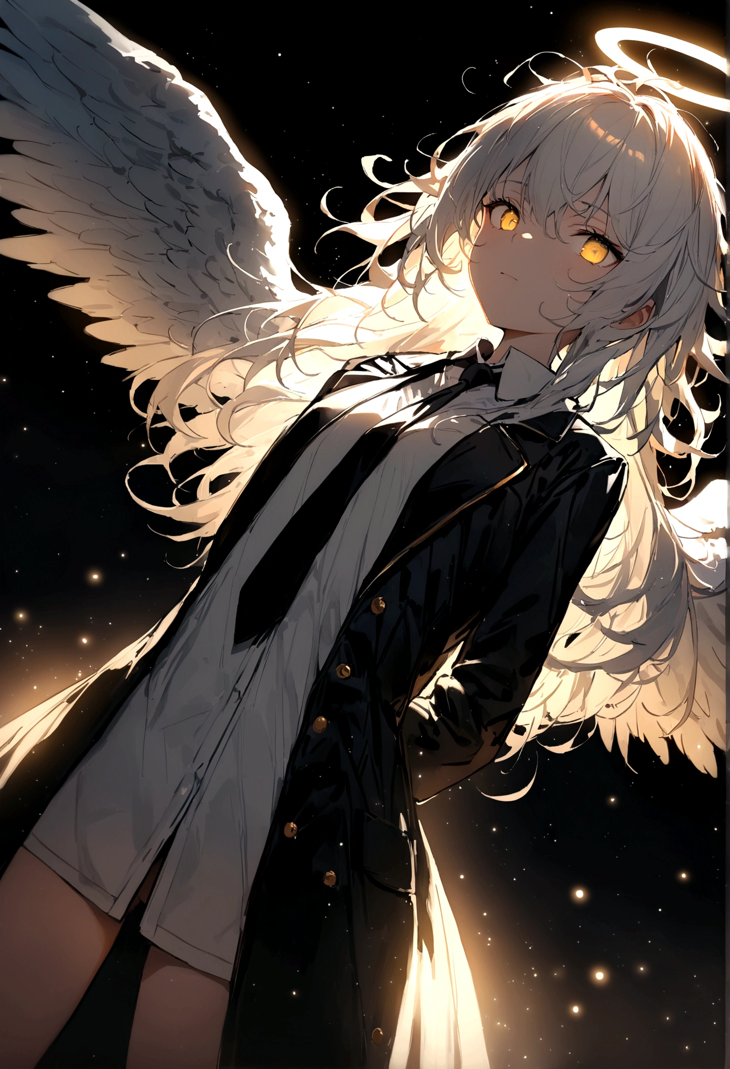 (masterpiece, best quality:1.3), (Extremely detailed:1.3), 1 Girl, Solitary, (White hair, Messy hair, Long hair), (Angel Wings, Angel Halo), flat chest, Yellow eyes, (White shirt, Black tie, Black coat, Open coat), Cowboy shooting, light, (((Glowing light particles))), (Put your hands behind your back), Dynamic Angle,
