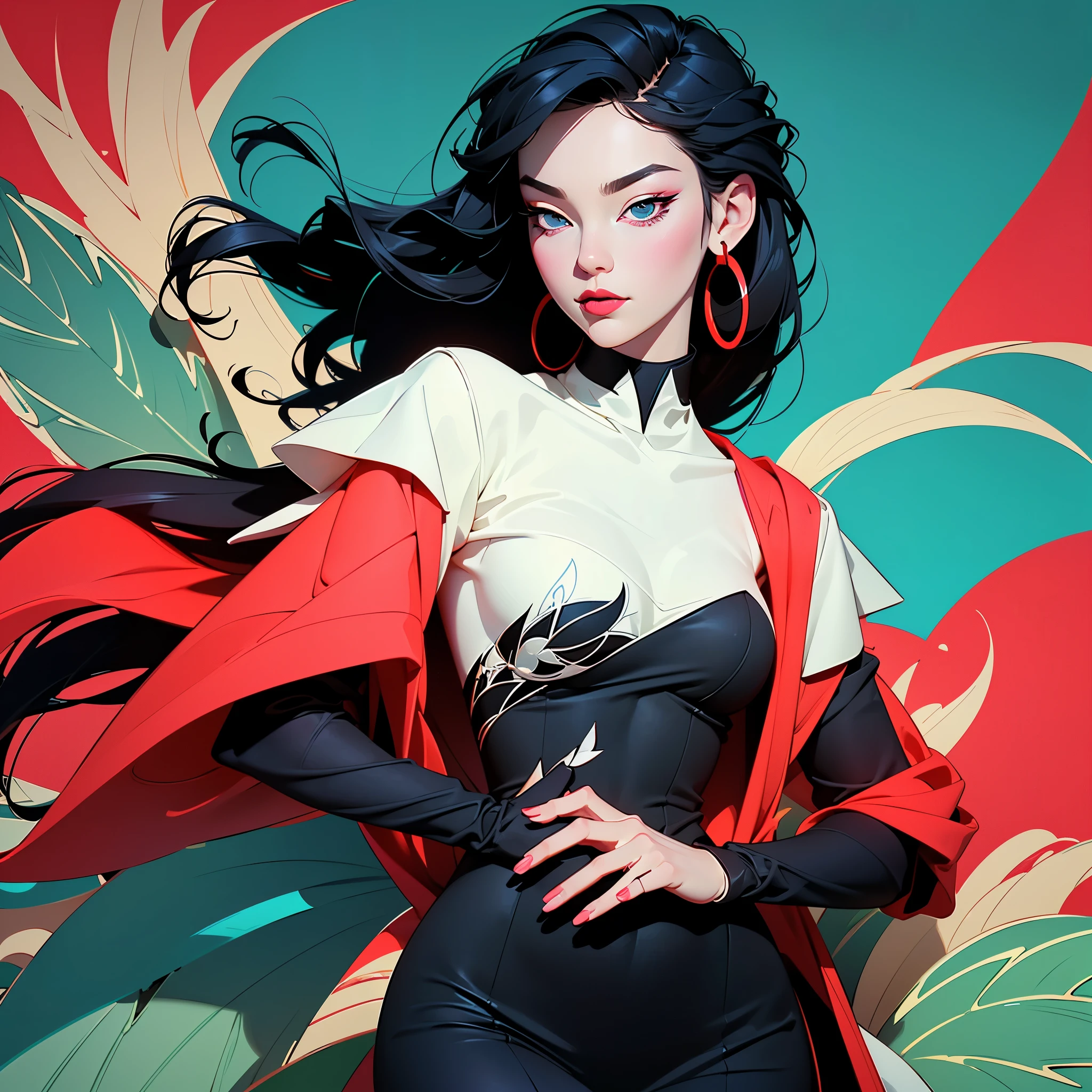 woman in a dress standing in front of simple background, up close, ((Art style by Patrick Nagel)), ((8k, wallpaper, detailed)), dark sunglasses, korean pop-star, black hair, pretty hands, fringe, simple red background, palm trees, (graffiti wall:1.2), strong, courageous, art by Patrick Nagel, album art cover