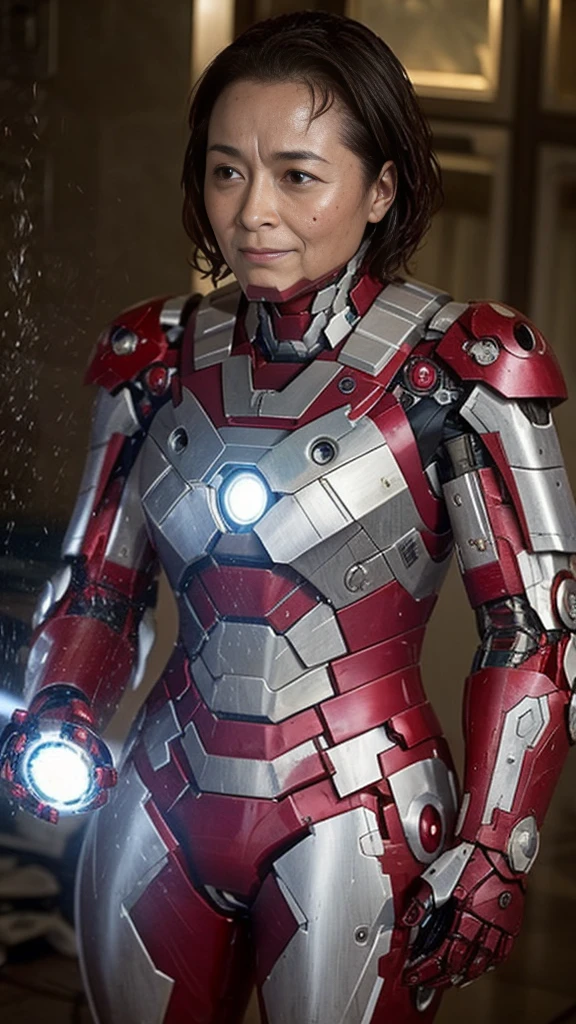 Middle-aged women　Sweaty face　Soaked Face　Painful expression　Steam coming out of the head　Humidity　Only the head is exposed　((Taking off the Iron Man suit))　　Steam from the body