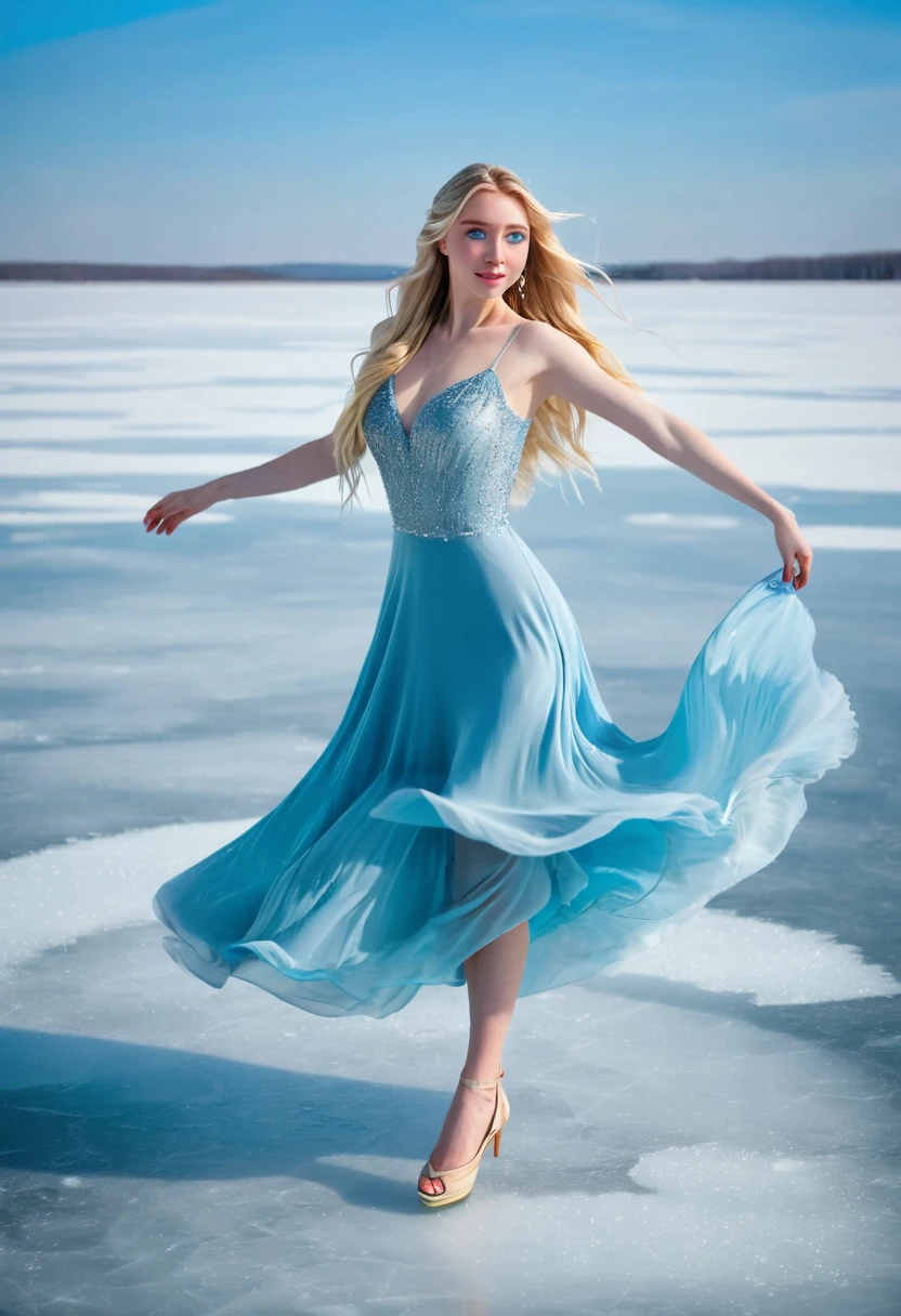 A beautiful young lady with blonde long hair with blue eyes is wearing long light blue dress and dancing in ice of frozen lake