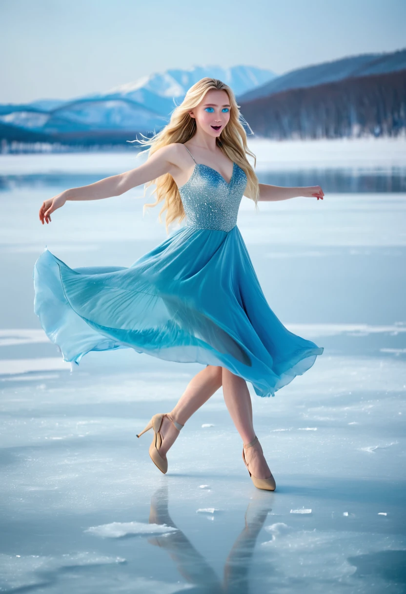 A beautiful young lady with blonde long hair with blue eyes is wearing long light blue dress and dancing in ice of frozen lake