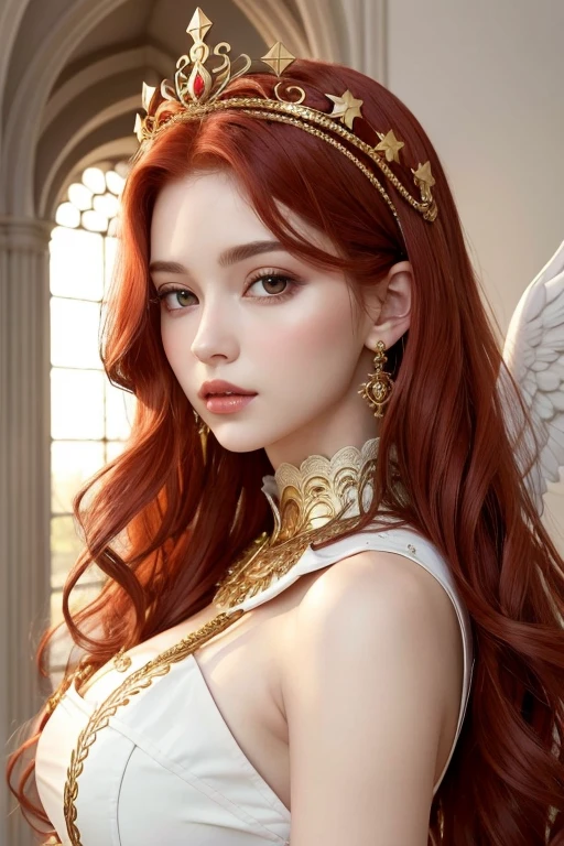 ((best qualityer)), ((work of art)), (detailded), wavy red hair, white angel wings, gold crown on head. divine beauty. celestial goddess.