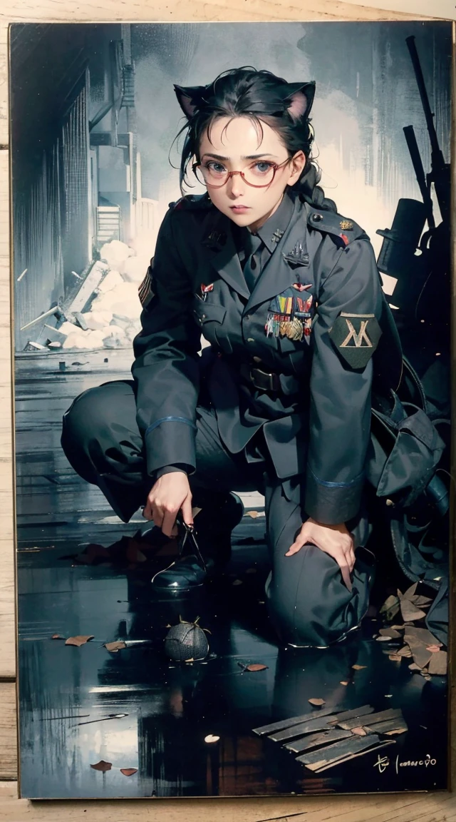 Photorealsitic、realistic skin textures、automatic rifle  (mechanical armor with reference to a dung beetle), power pipes, hydraulic cylinders, ultimate intricate detail, Japanese female soldier in mechanical armor, very beautiful face, realistic, full body shot, sortie from secret base  (8k, RAW photo, best quality, masterpiece:1.2),    RanmaChan, RanmaRedShirt　　girl, cat ears, cat tail, (tears:1.1), exhausted, (parted lips:0.9), cute, 
medium breasts, (sideboob:0.9), 
sideless, torn frayed tattered tunic, torn frayed tattered socks, 
sitting, wariza, leaning forward, ruins, crumbling world, storm, black hole, puddle, 
sharp focus, looking at viewer, 
(intricate:1.1), (dark blue theme:1.1), (dark blue tone:1.1), (grey tone:1.1), illustration, (anime coloring:1.1),  modesta, tiro remoto, Detalhe bonito rosto delicado, Olhos delicados bonitos detalhados, perfect facial proportions, High definition skin, pele fina, best four inch aspect ratio. Com um polegar, uma obra-prima, altamente detalhado, Realistic, (German World War II general uniform reference : 1.8), the highest facial resolution, , mulher modestamente vestida, vestido inteiramente, ( pequeno, cabelos pretos, black franja reta, super thin braids, franja reta, Red glasses, olho verde escuro, science fiction, Fighter aircraft, standing On the landing of a Fighter aircraft, the agency, uma personalidade profundamente inteligente, A calm expression, um rosto respeitoso, uma guerra, a Fighter aircraft　BIGHIP　BIGASS　FUCKOFF　FUCKFUCKFUCK