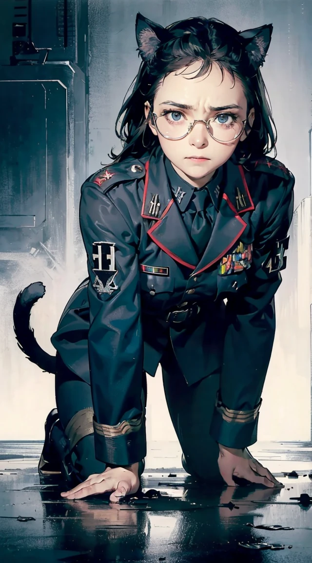 Photorealsitic、realistic skin textures、automatic rifle (mechanical armor with reference to a dung beetle), power pipes, hydraulic cylinders, ultimate intricate detail, Japanese female soldier in mechanical armor, very beautiful face, realistic, full body shot, sortie from secret base (8k, RAW photo, best quality, masterpiece:1.2), RanmaChan, RanmaRedShirt girl, cat ears, cat tail, (tears:1.1), exhausted, (parted lips:0.9), cute,
medium breasts, (sideboob:0.9),
sideless, torn frayed tattered tunic, torn frayed tattered socks,
sitting, wariza, leaning forward, ruins, crumbling world, storm, black hole, puddle,
sharp focus, looking at viewer,
(intricate:1.1), (dark blue theme:1.1), (dark blue tone:1.1), (grey tone:1.1), illustration, (anime coloring:1.1), modesta, tiro remoto, Detalhe bonito rosto delicado, Olhos delicados bonitos detalhados, perfect facial proportions, High definition skin, pele fina, best four inch aspect ratio. Com um polegar, uma obra-prima, altamente detalhado, Realistic, (German World War II general uniform reference : 1.8), the highest facial resolution, , mulher modestamente vestida, vestido inteiramente, ( pequeno, cabelos pretos, black franja reta, super thin braids, franja reta, Red glasses, olho verde escuro, science fiction, Fighter aircraft, standing On the landing of a Fighter aircraft, the agency, uma personalidade profundamente inteligente, A calm expression, um rosto respeitoso, uma guerra, a Fighter aircraft BIGHIP BIGASS FUCKOFF FUCKFUCKFUCK