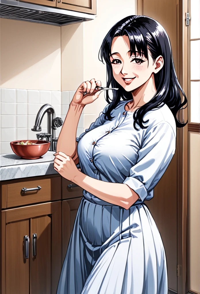 detailed illustration (side view),dynamic angle,ultra-detailed, illustration, pose for the camera, smiling at viewer, clean line art, shading, anime, 2020’s anime style, detailed eyes, detailed face, beautiful face,

Anime, 2d anime, cartoon anime, detailed illustration, dynamic angle, ultra-detailed, illustration, full body shot, 1girl, night time, 1950’s stay at home wife, button up blouse and long skirt, anime half closed eyes. A knowing smile, standing in kitchen, domestic goddess, black haired American woman, well endowed, wholesome yet sexy, motherly, nurturing, MILF