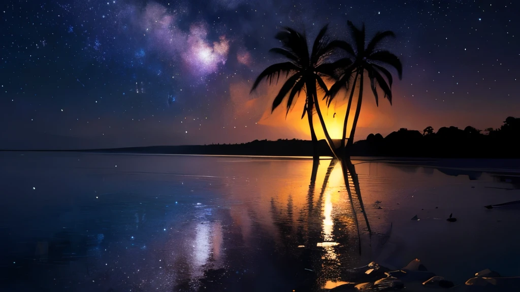 Tropical Sea,night,Beautiful starry sky,milky way,Palm tree,Glitter effect,Highest quality, 8K, High resolution, masterpiece:1.2, Very detailed, Realistic:1.37, High resolution, 超High resolution, Ultra-fine painting, Professional, Vibrant colors