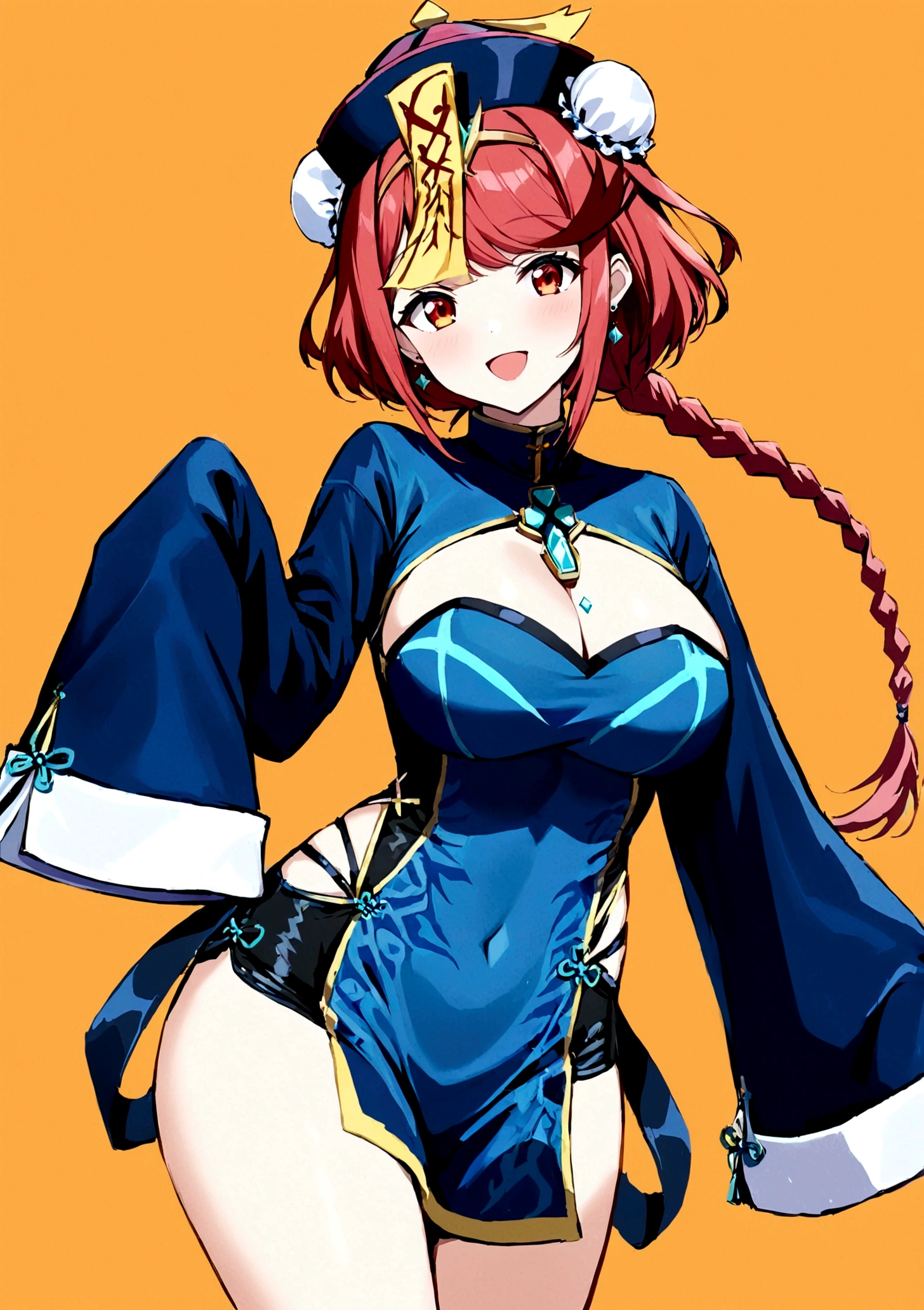 1girl, solo, long hair, breasts, looking at viewer, smile, short hair, open mouth, bangs, large breasts, simple background, red eyes, long sleeves, hat, dress, cleavage, jewelry, braid, :d, red hair, cowboy shot, earrings, alternate costume, hair bun, sleeves past wrists, clothing cutout, double bun, swept bangs, chinese clothes, short dress, cleavage cutout, tiara, china dress, sleeves past fingers, halloween, braided ponytail, ofuda, orange background, bun cover, jiangshi, chest jewel, qing guanmao, pyra \(xenoblade\)