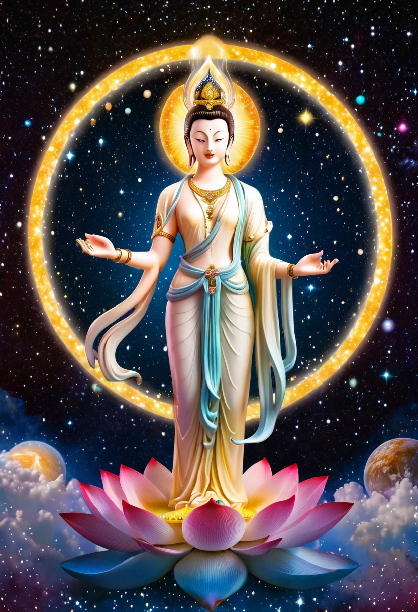 Ksitigarbha Bodhisattva statue,Enlarge the circle of light around the body,In the right hand lives the staff,The left hand is placed on the chest with a shining Mani Pearl in front.,Standing on the lotus platform,Standing in the middle of the galaxy in space,Stardust background,Warm colors,The light is shining,Panoramic lens,Perfect facial features,Perfectly intricate details,8k quality