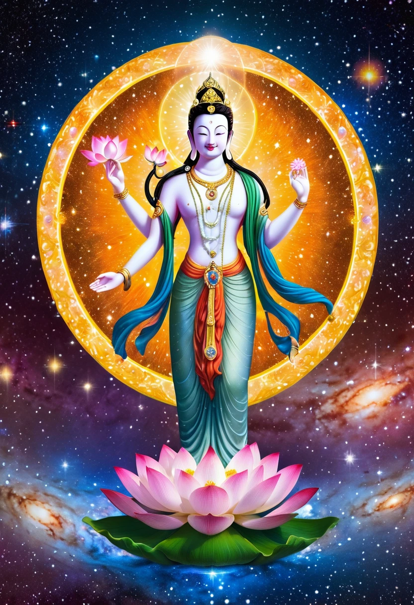 Ksitigarbha Bodhisattva statue,Enlarge the circle of light around the body,In the right hand lives the staff,The left hand is placed on the chest with a shining Mani Pearl in front.,Standing on the lotus platform,Standing in the middle of the galaxy in space,Stardust background,Warm colors,The light is shining,Panoramic lens,Perfect facial features,Perfectly intricate details,8k quality