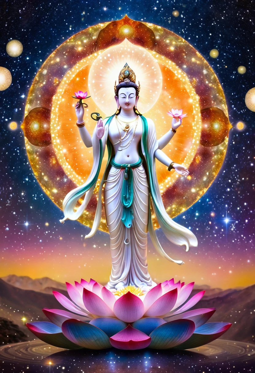 Ksitigarbha Bodhisattva statue,Enlarge the circle of light around the body,In the right hand lives the staff,The left hand is placed on the chest with a shining Mani Pearl in front.,Standing on the lotus platform,Standing in the middle of the galaxy in space,Stardust background,Warm colors,The light is shining,Panoramic lens,Perfect facial features,Perfectly intricate details,8k quality